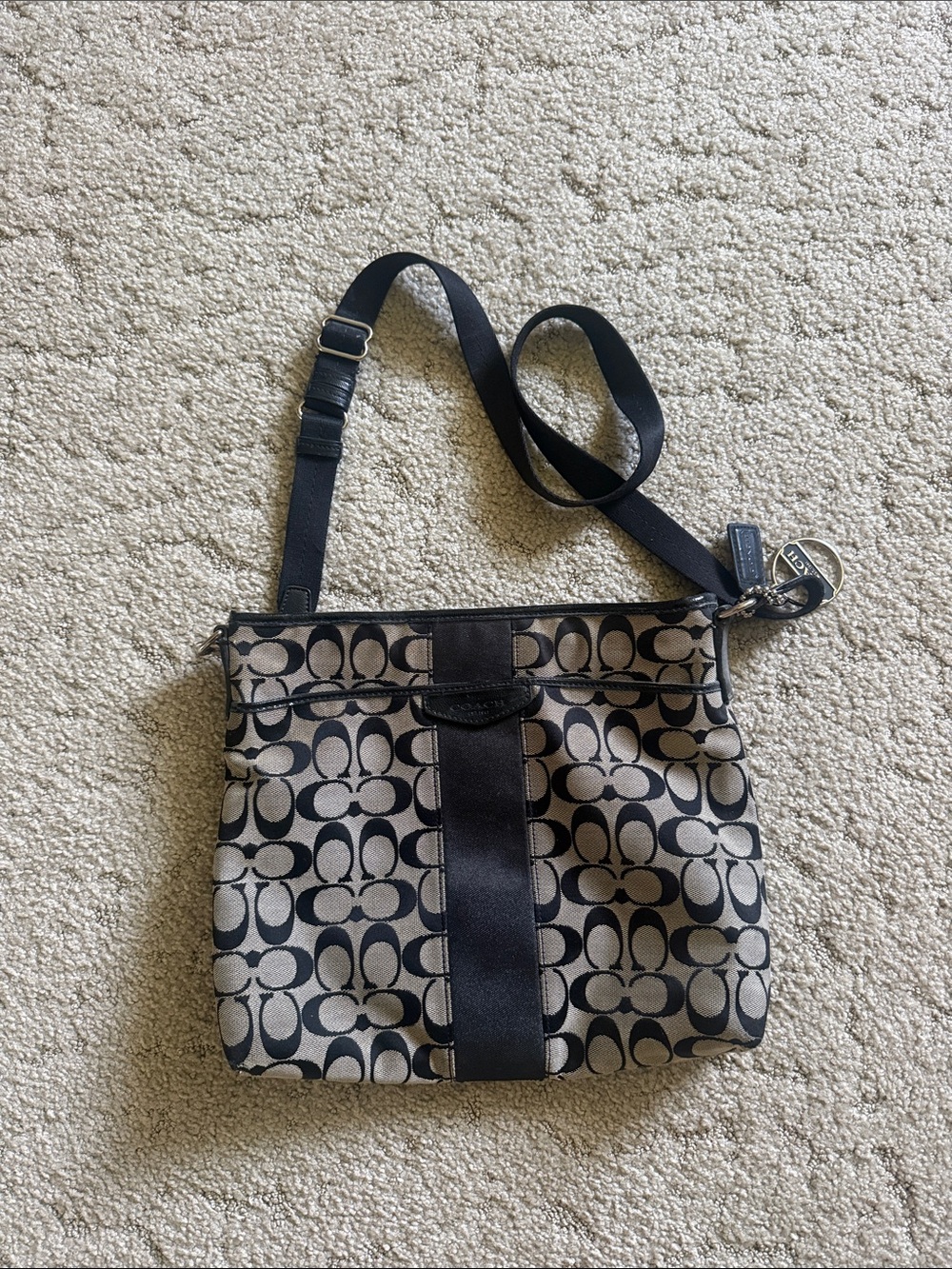 Coach Black and Tan Logo Crossbody with Center Stripe